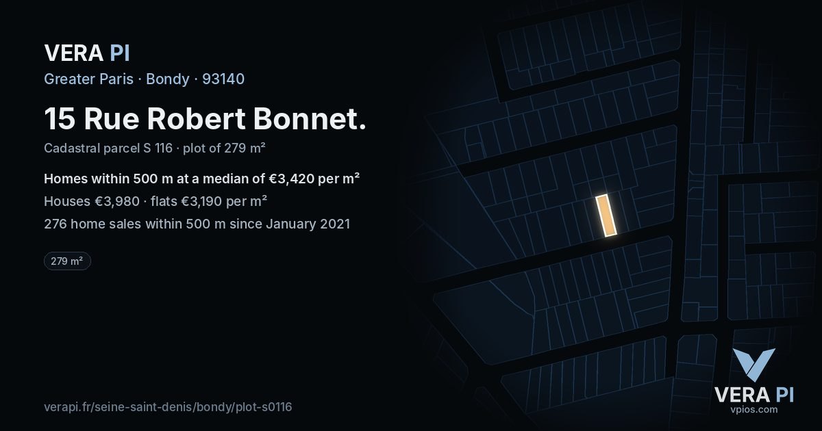 15 Rue Robert Bonnet, Bondy at night – the plot lit, the parcels around coloured by the prices near them