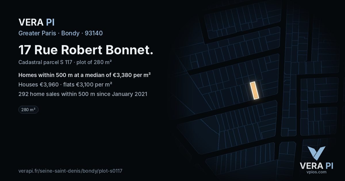 17 Rue Robert Bonnet, Bondy at night – the plot lit, the parcels around coloured by the prices near them