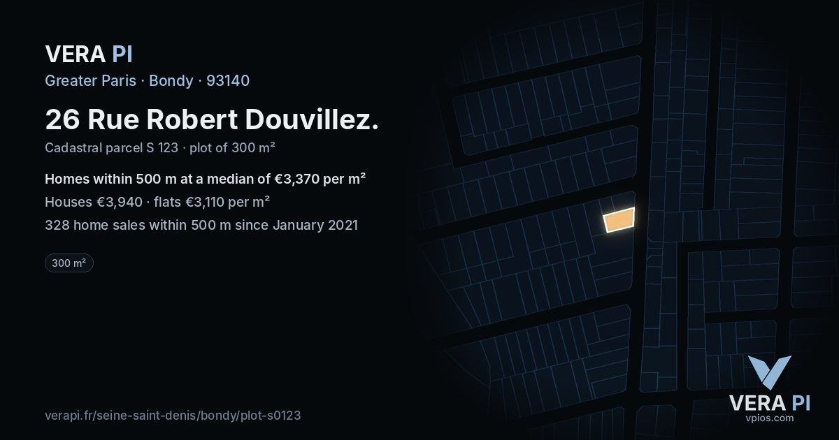 26 Rue Robert Douvillez, Bondy at night – the plot lit, the parcels around coloured by the prices near them