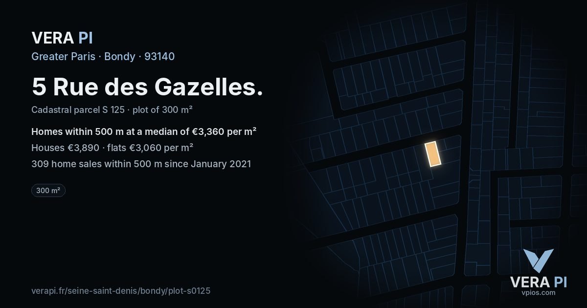 5 Rue des Gazelles, Bondy at night – the plot lit, the parcels around coloured by the prices near them