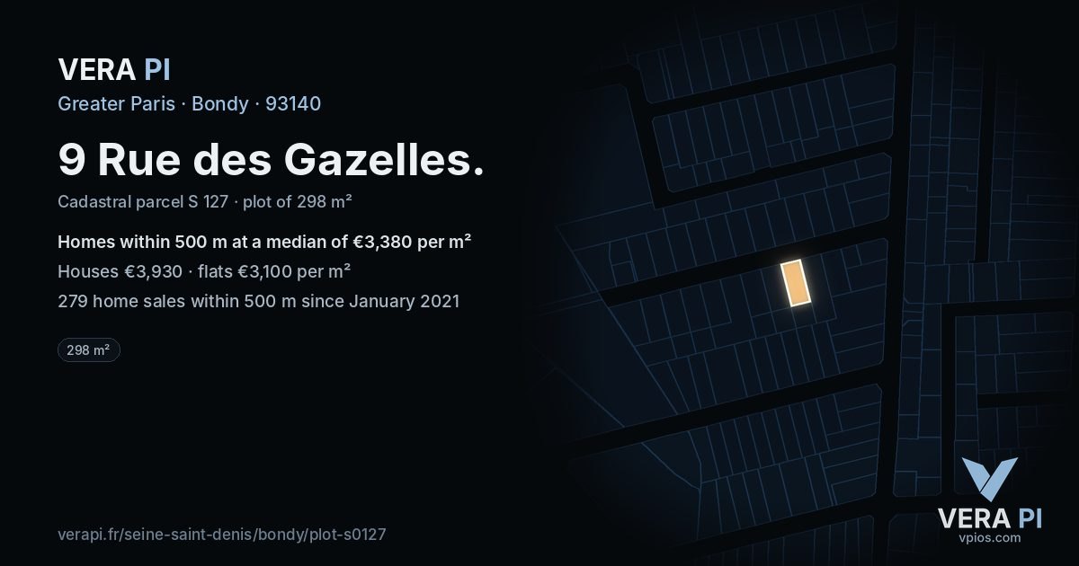 9 Rue des Gazelles, Bondy at night – the plot lit, the parcels around coloured by the prices near them