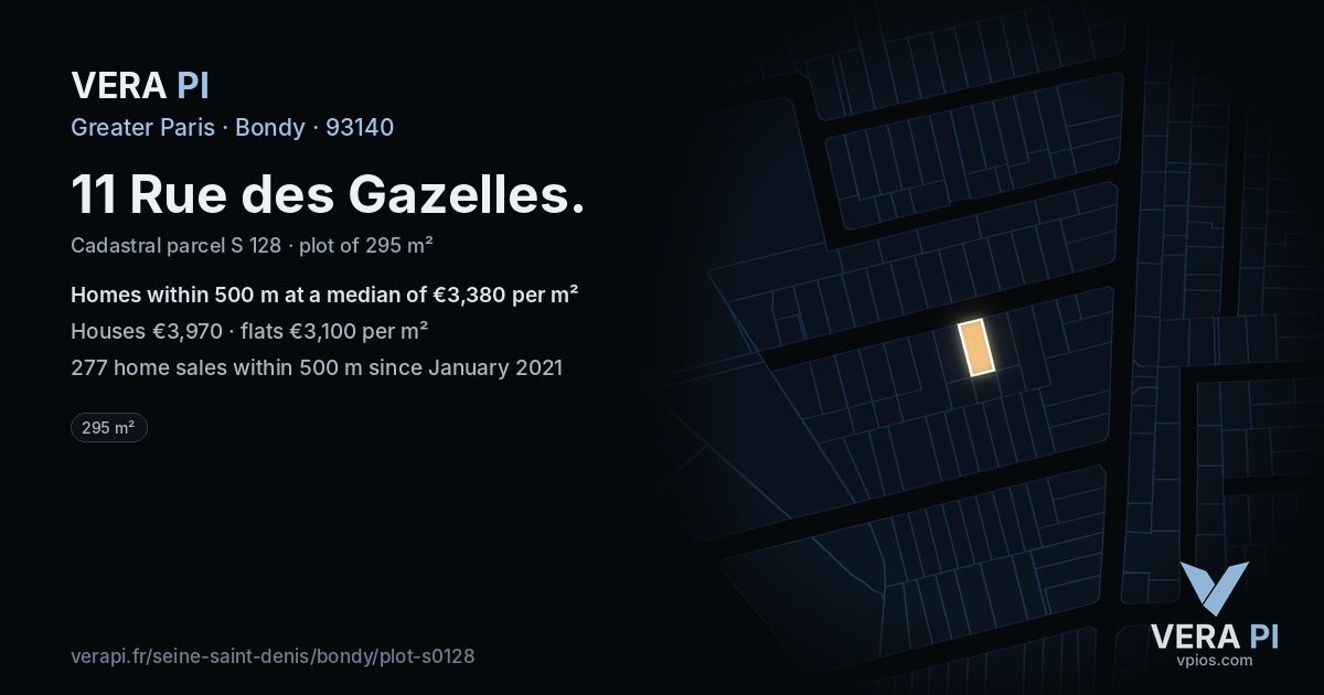 11 Rue des Gazelles, Bondy at night – the plot lit, the parcels around coloured by the prices near them