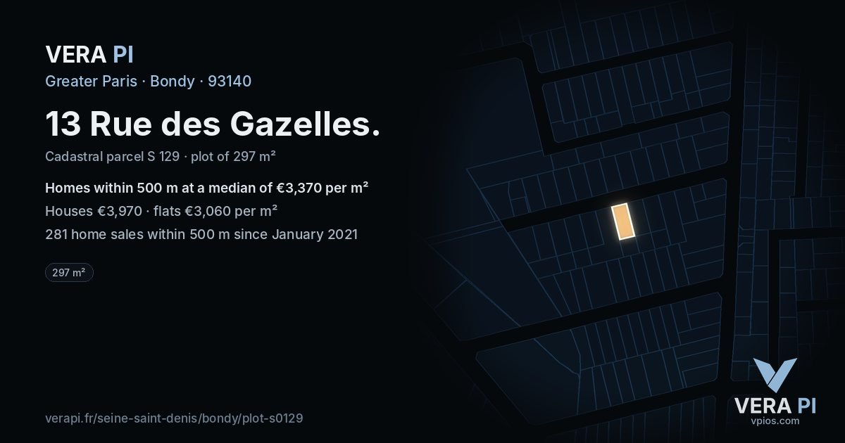 13 Rue des Gazelles, Bondy at night – the plot lit, the parcels around coloured by the prices near them