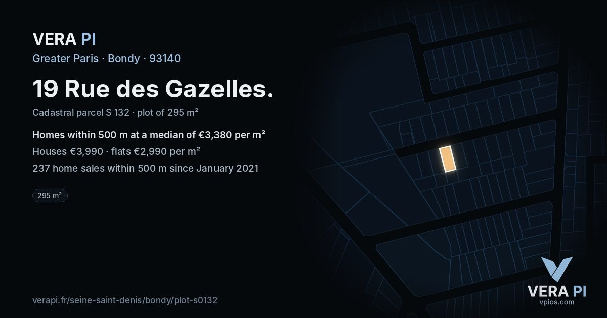 19 Rue des Gazelles, Bondy at night – the plot lit, the parcels around coloured by the prices near them