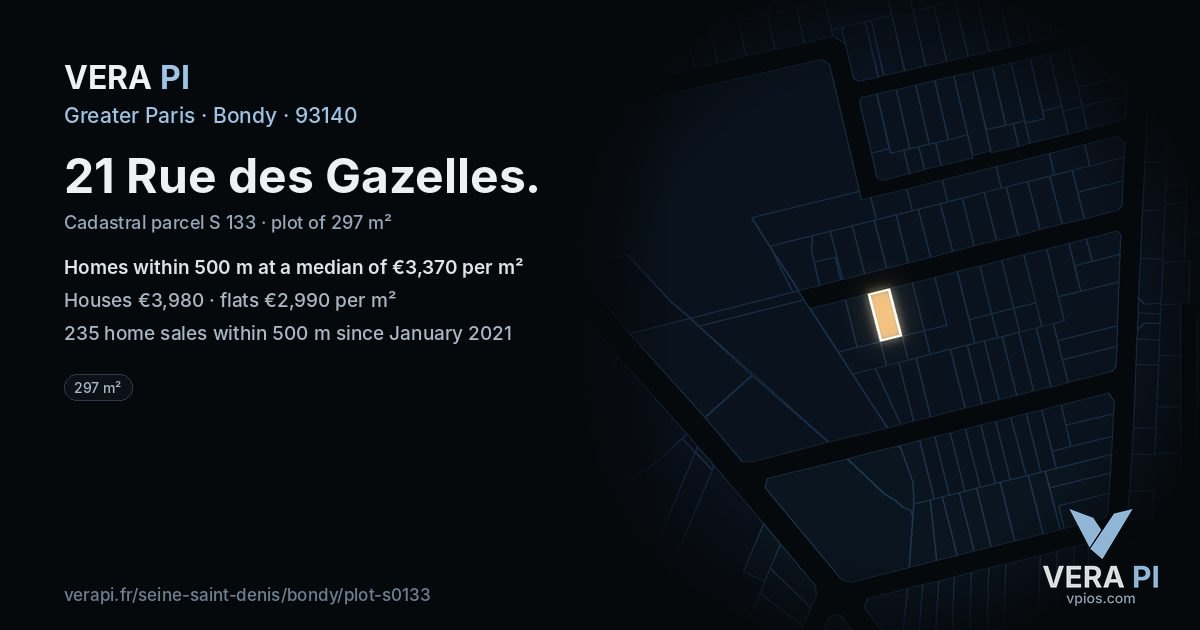 21 Rue des Gazelles, Bondy at night – the plot lit, the parcels around coloured by the prices near them