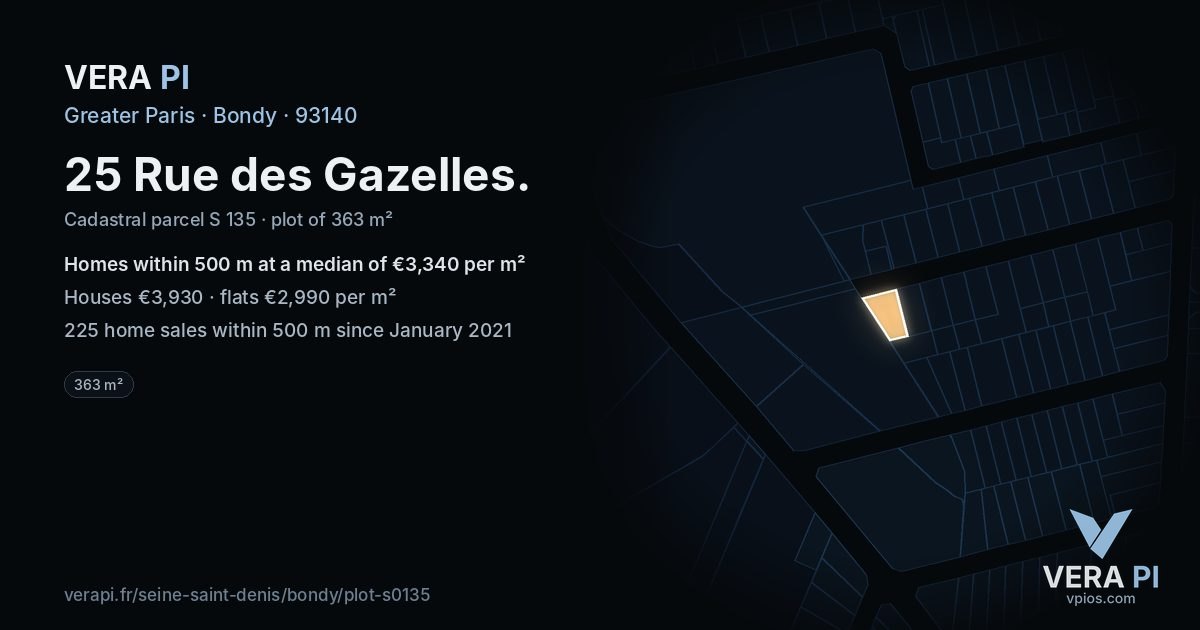 25 Rue des Gazelles, Bondy at night – the plot lit, the parcels around coloured by the prices near them
