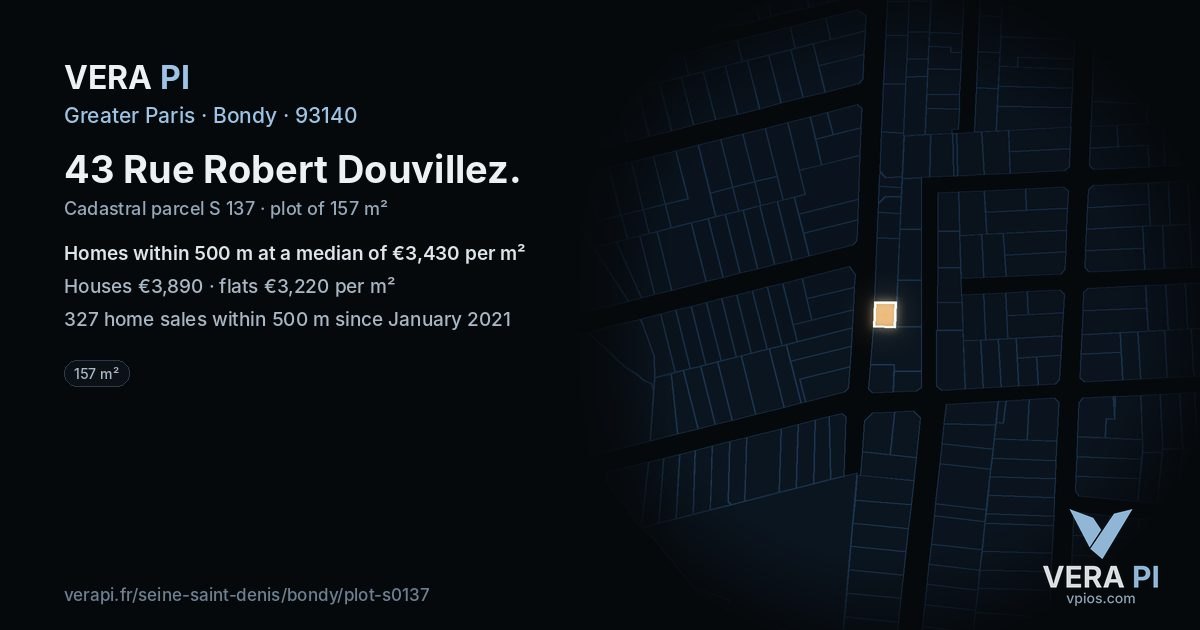 43 Rue Robert Douvillez, Bondy at night – the plot lit, the parcels around coloured by the prices near them