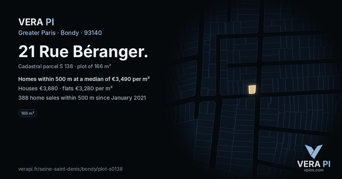 21 Rue Béranger, Bondy at night – the plot lit, the parcels around coloured by the prices near them