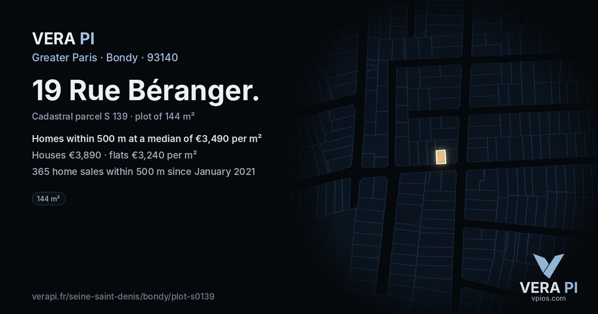 19 Rue Béranger, Bondy at night – the plot lit, the parcels around coloured by the prices near them