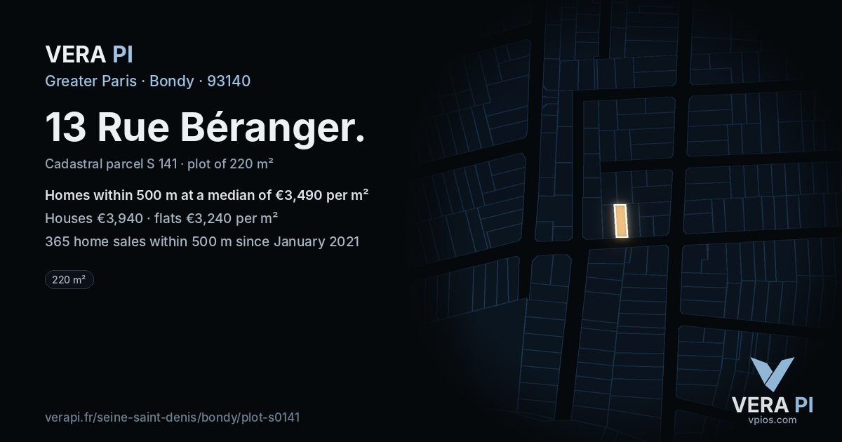13 Rue Béranger, Bondy at night – the plot lit, the parcels around coloured by the prices near them