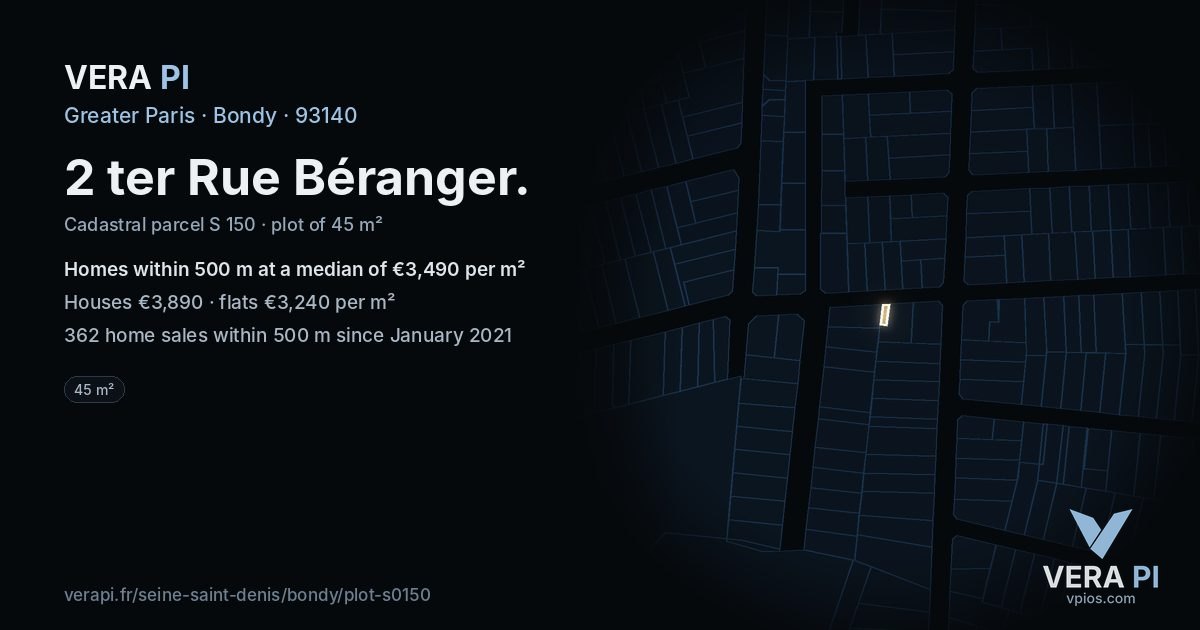 2 ter Rue Béranger, Bondy at night – the plot lit, the parcels around coloured by the prices near them