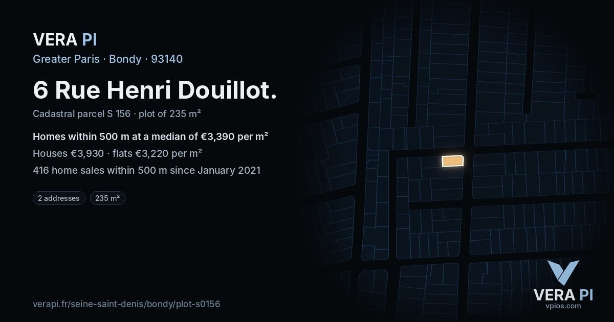 6 Rue Henri Douillot, Bondy at night – the plot lit, the parcels around coloured by the prices near them