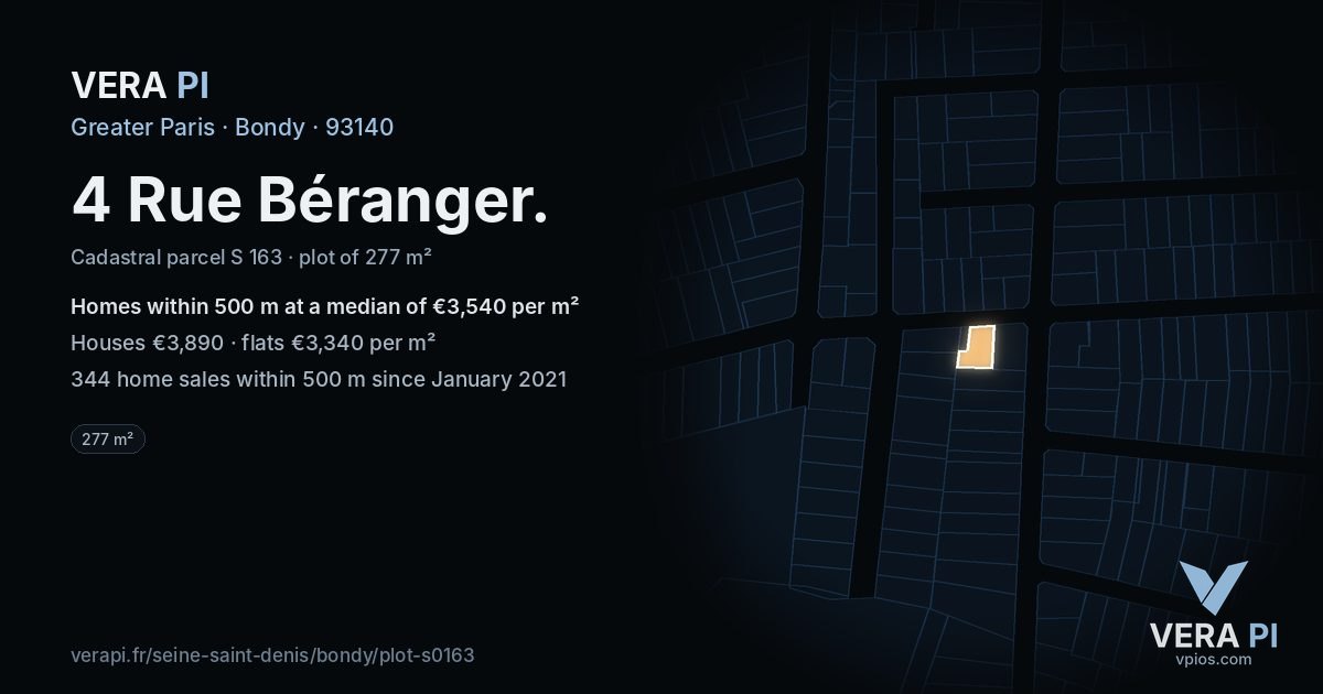 4 Rue Béranger, Bondy at night – the plot lit, the parcels around coloured by the prices near them