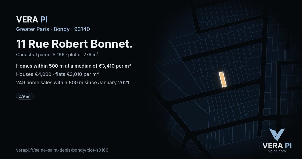 11 Rue Robert Bonnet, Bondy at night – the plot lit, the parcels around coloured by the prices near them