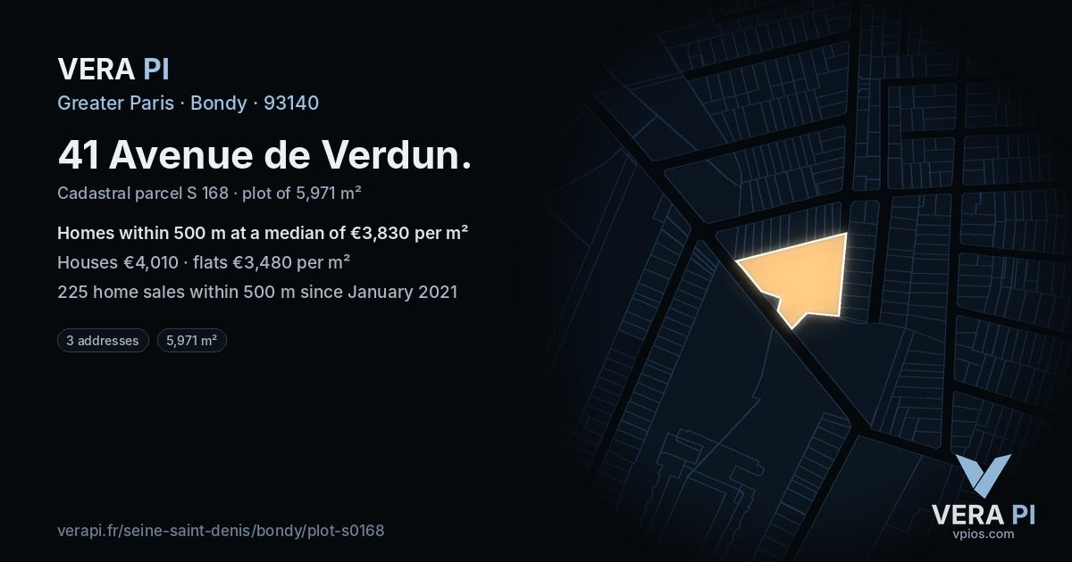 41 Avenue de Verdun, Bondy at night – the plot lit, the parcels around coloured by the prices near them