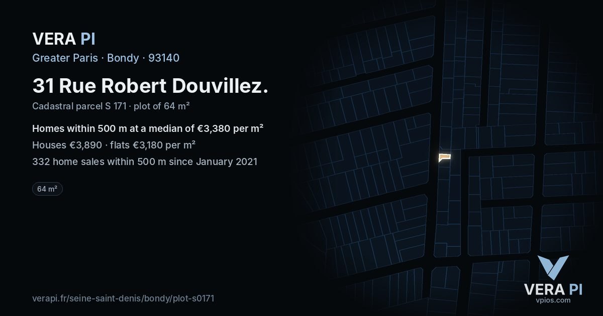 31 Rue Robert Douvillez, Bondy at night – the plot lit, the parcels around coloured by the prices near them