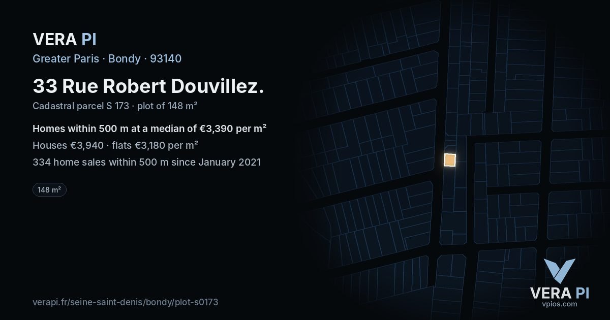 33 Rue Robert Douvillez, Bondy at night – the plot lit, the parcels around coloured by the prices near them
