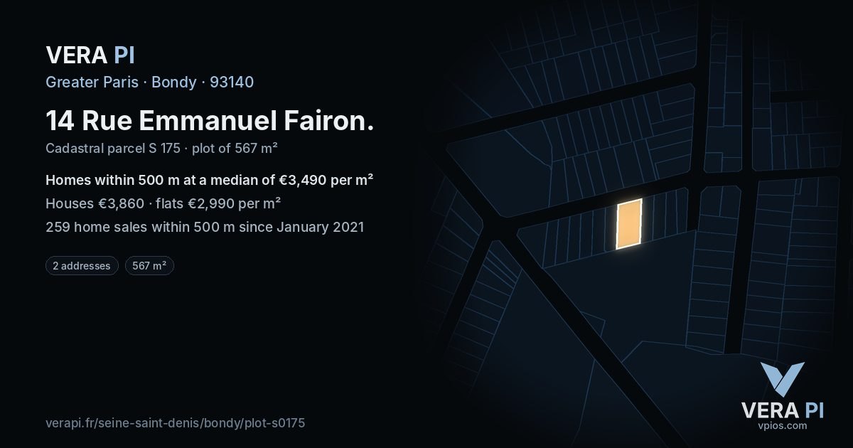 14 Rue Emmanuel Fairon, Bondy at night – the plot lit, the parcels around coloured by the prices near them