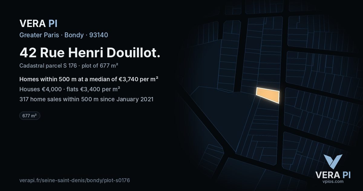 42 Rue Henri Douillot, Bondy at night – the plot lit, the parcels around coloured by the prices near them