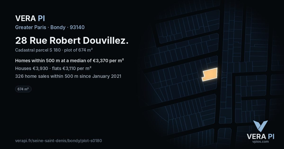 28 Rue Robert Douvillez, Bondy at night – the plot lit, the parcels around coloured by the prices near them