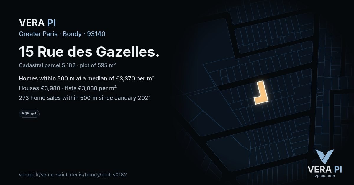 15 Rue des Gazelles, Bondy at night – the plot lit, the parcels around coloured by the prices near them