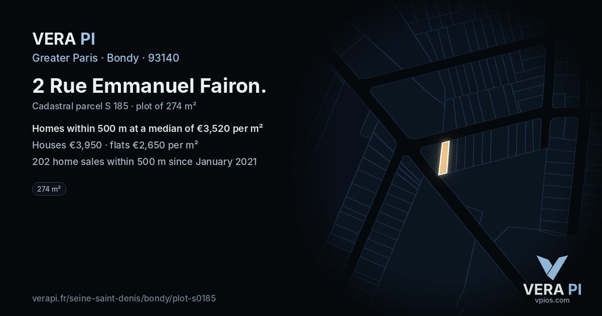 2 Rue Emmanuel Fairon, Bondy at night – the plot lit, the parcels around coloured by the prices near them