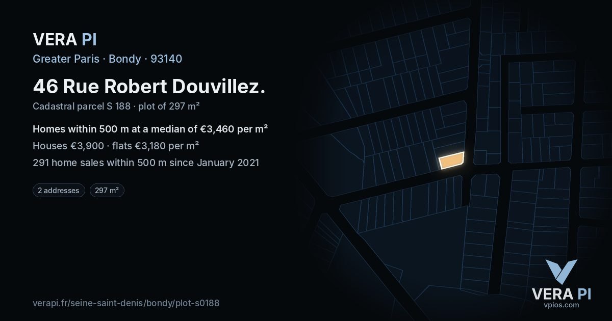 46 Rue Robert Douvillez, Bondy at night – the plot lit, the parcels around coloured by the prices near them