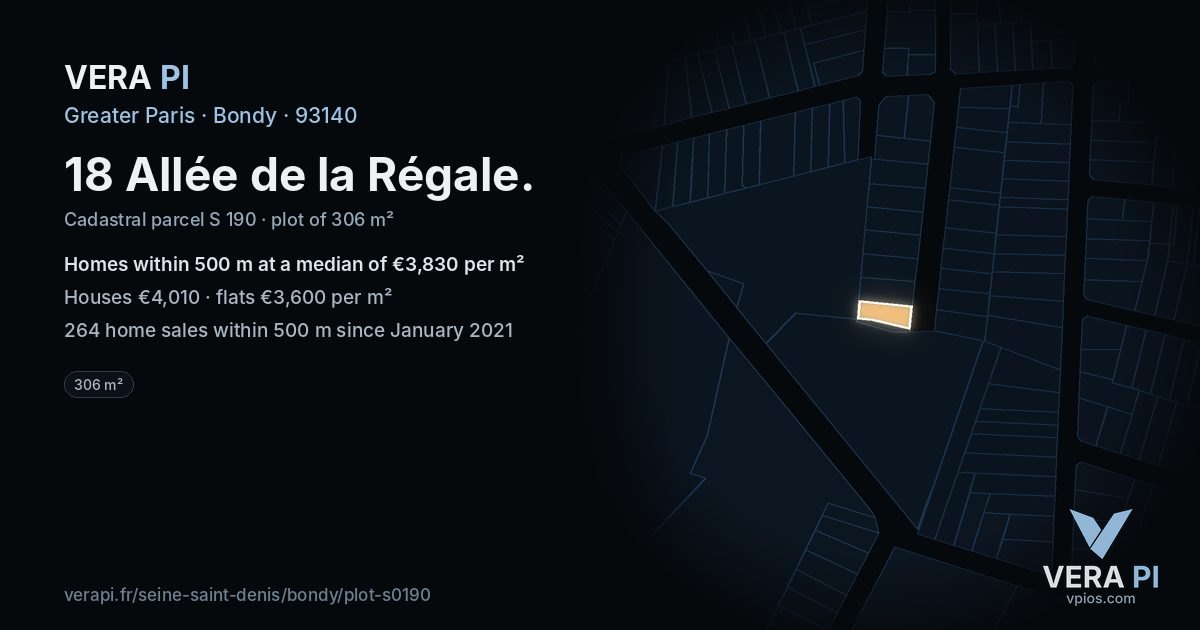 18 Allée de la Régale, Bondy at night – the plot lit, the parcels around coloured by the prices near them