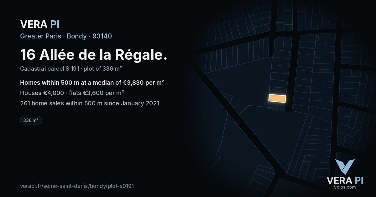 16 Allée de la Régale, Bondy at night – the plot lit, the parcels around coloured by the prices near them