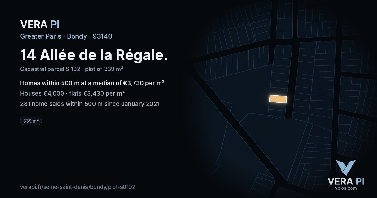 14 Allée de la Régale, Bondy at night – the plot lit, the parcels around coloured by the prices near them