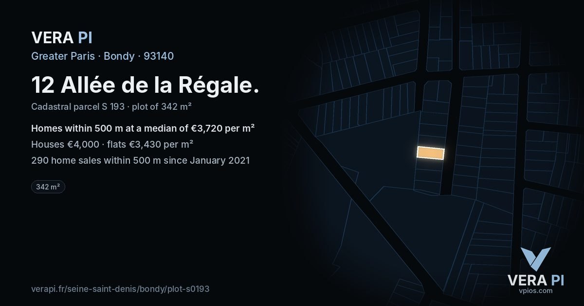 12 Allée de la Régale, Bondy at night – the plot lit, the parcels around coloured by the prices near them