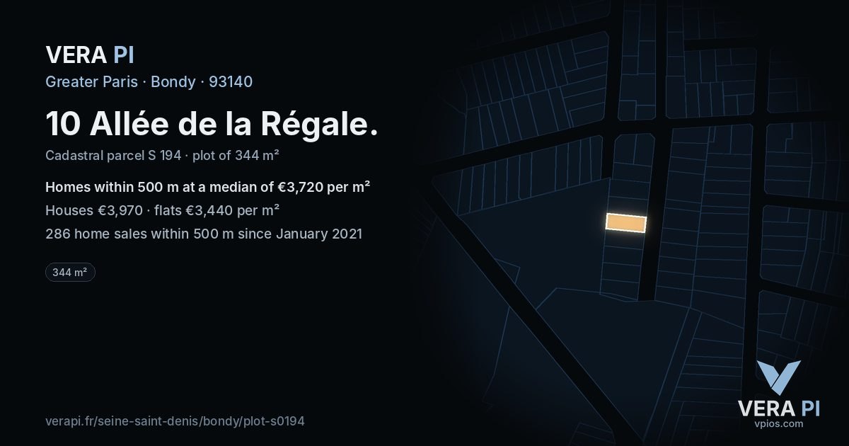 10 Allée de la Régale, Bondy at night – the plot lit, the parcels around coloured by the prices near them