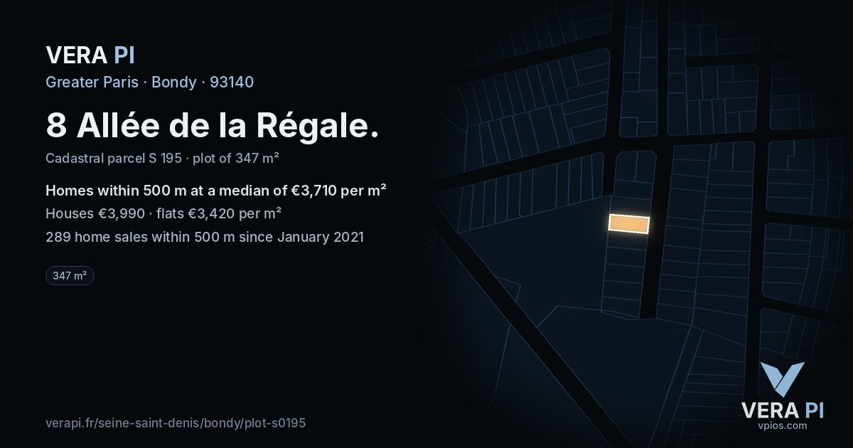 8 Allée de la Régale, Bondy at night – the plot lit, the parcels around coloured by the prices near them