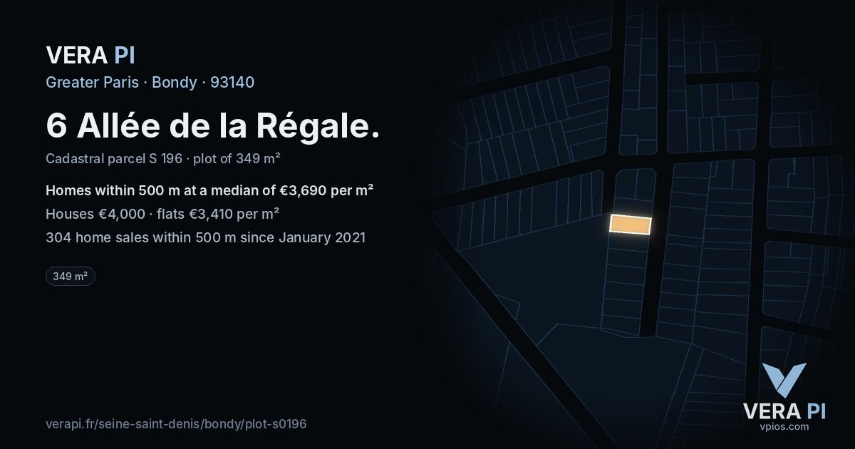 6 Allée de la Régale, Bondy at night – the plot lit, the parcels around coloured by the prices near them