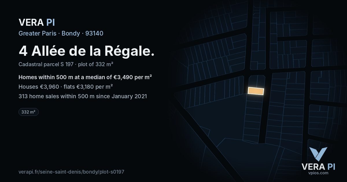 4 Allée de la Régale, Bondy at night – the plot lit, the parcels around coloured by the prices near them