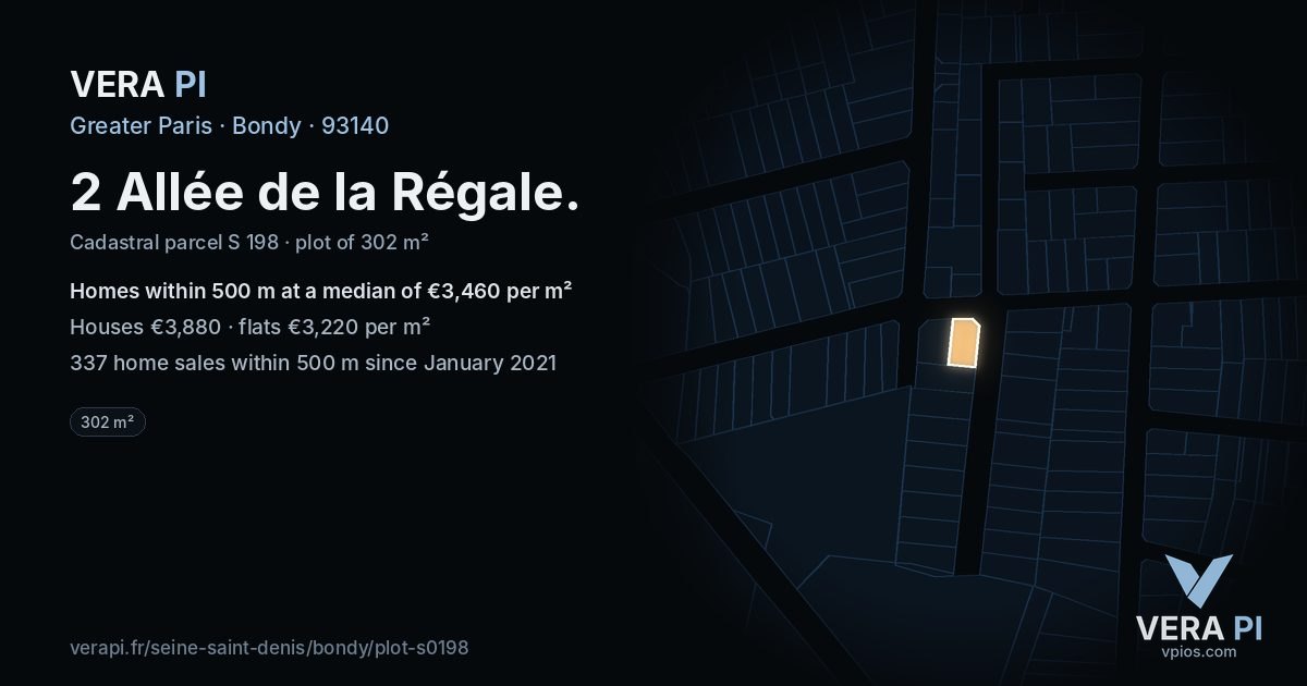 2 Allée de la Régale, Bondy at night – the plot lit, the parcels around coloured by the prices near them