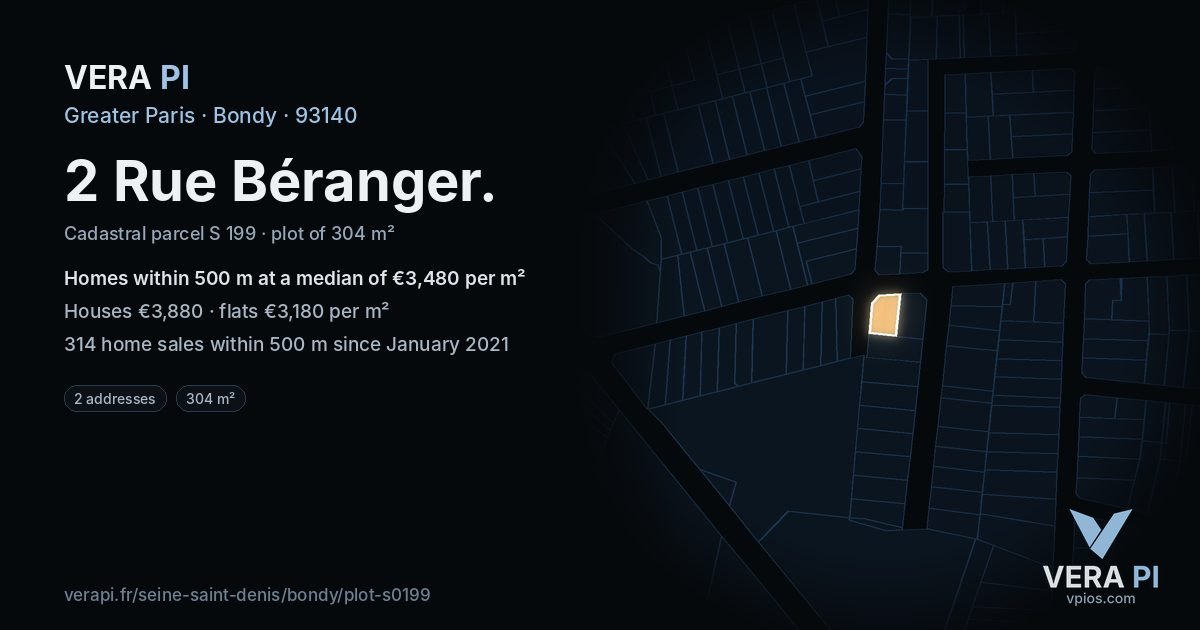 2 Rue Béranger, Bondy at night – the plot lit, the parcels around coloured by the prices near them