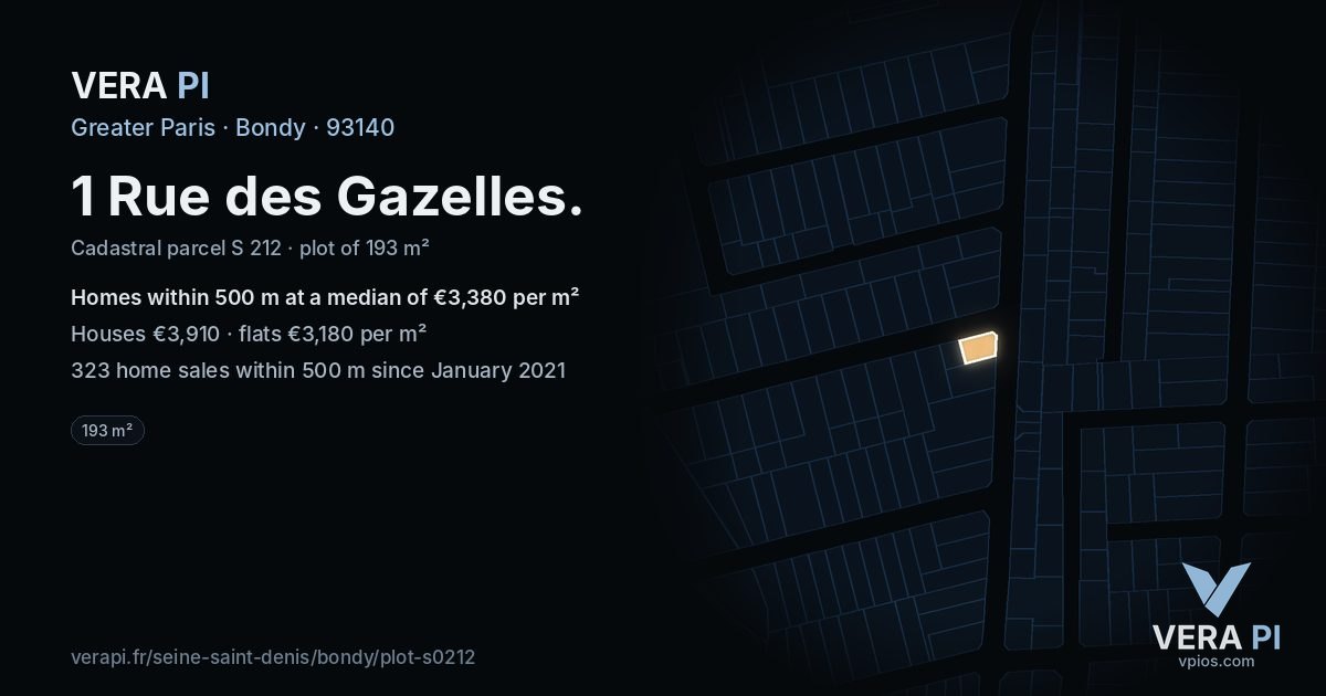 1 Rue des Gazelles, Bondy at night – the plot lit, the parcels around coloured by the prices near them