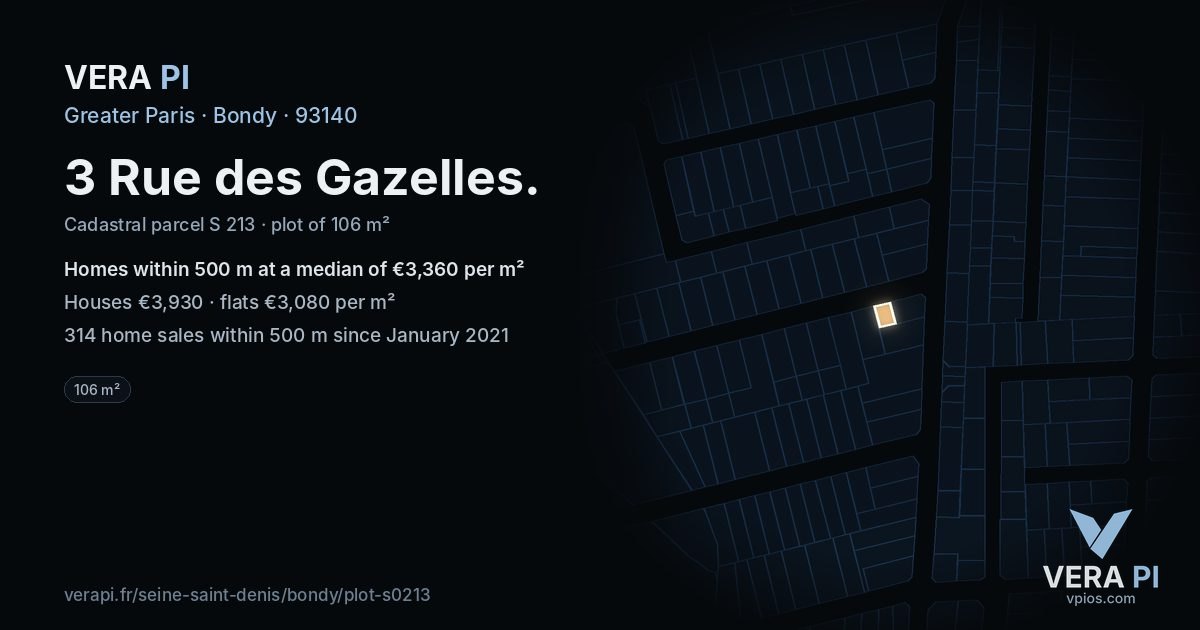 3 Rue des Gazelles, Bondy at night – the plot lit, the parcels around coloured by the prices near them