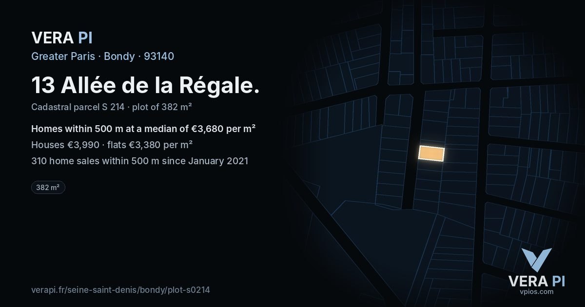 13 Allée de la Régale, Bondy at night – the plot lit, the parcels around coloured by the prices near them