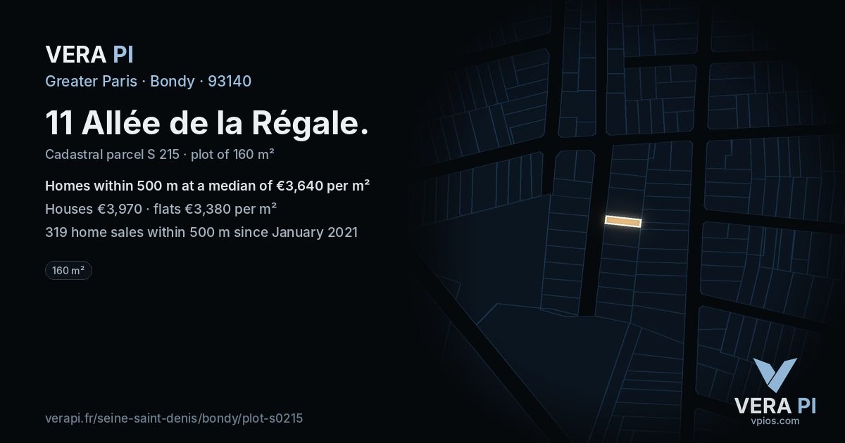 11 Allée de la Régale, Bondy at night – the plot lit, the parcels around coloured by the prices near them