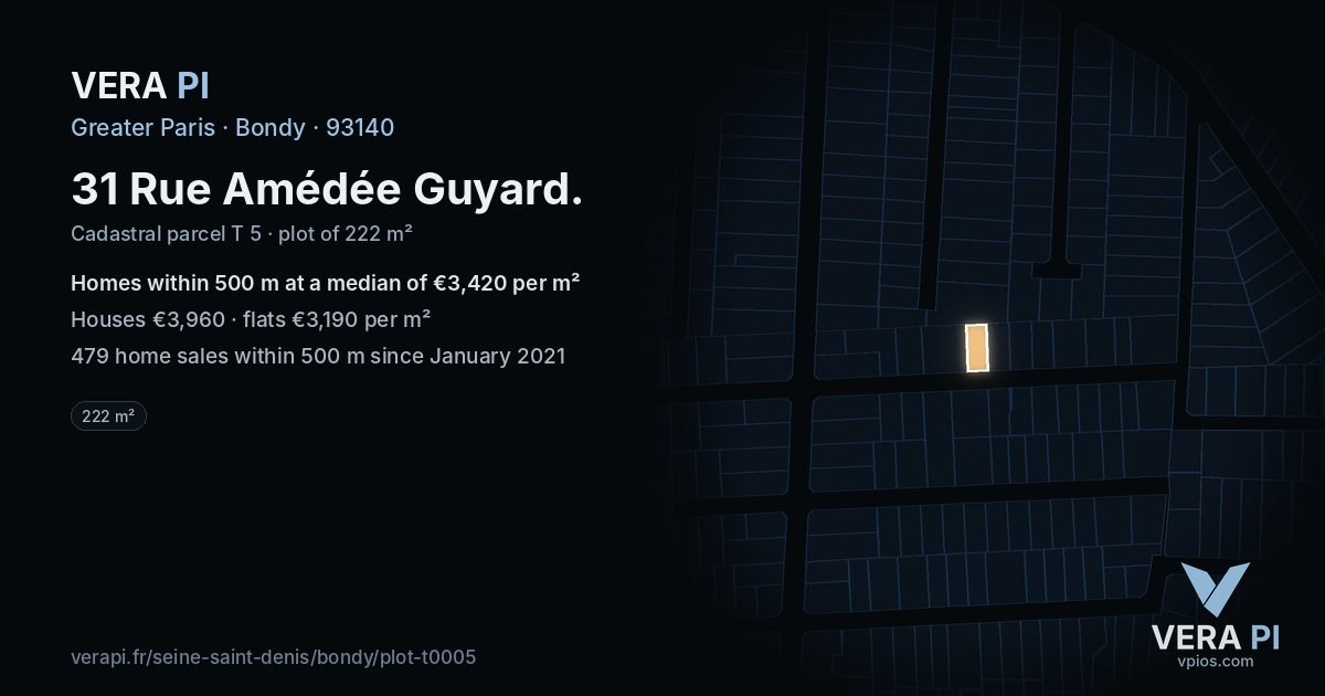 31 Rue Amédée Guyard, Bondy at night – the plot lit, the parcels around coloured by the prices near them