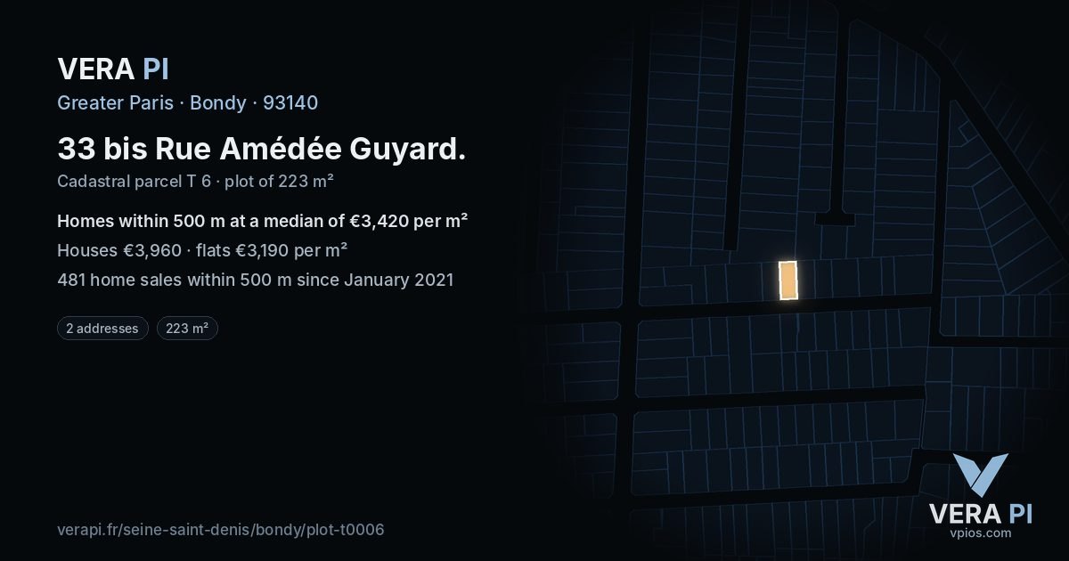 33 bis Rue Amédée Guyard, Bondy at night – the plot lit, the parcels around coloured by the prices near them