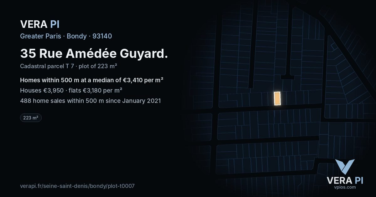 35 Rue Amédée Guyard, Bondy at night – the plot lit, the parcels around coloured by the prices near them