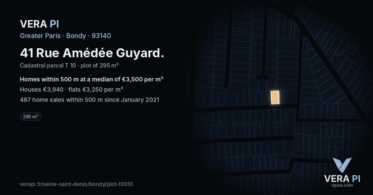 41 Rue Amédée Guyard, Bondy at night – the plot lit, the parcels around coloured by the prices near them
