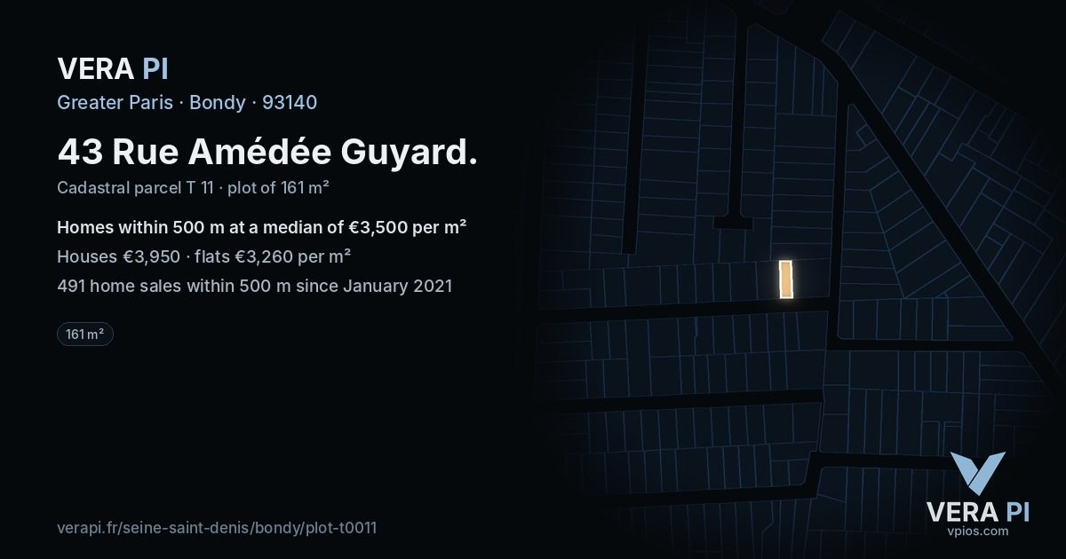 43 Rue Amédée Guyard, Bondy at night – the plot lit, the parcels around coloured by the prices near them
