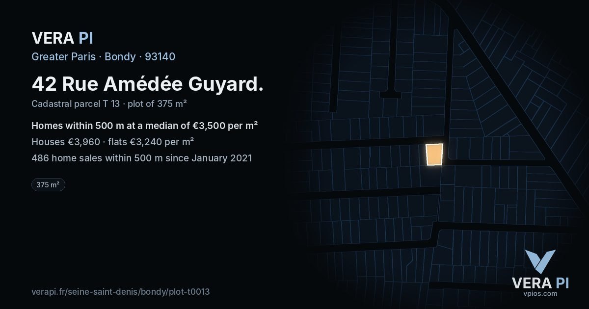 42 Rue Amédée Guyard, Bondy at night – the plot lit, the parcels around coloured by the prices near them