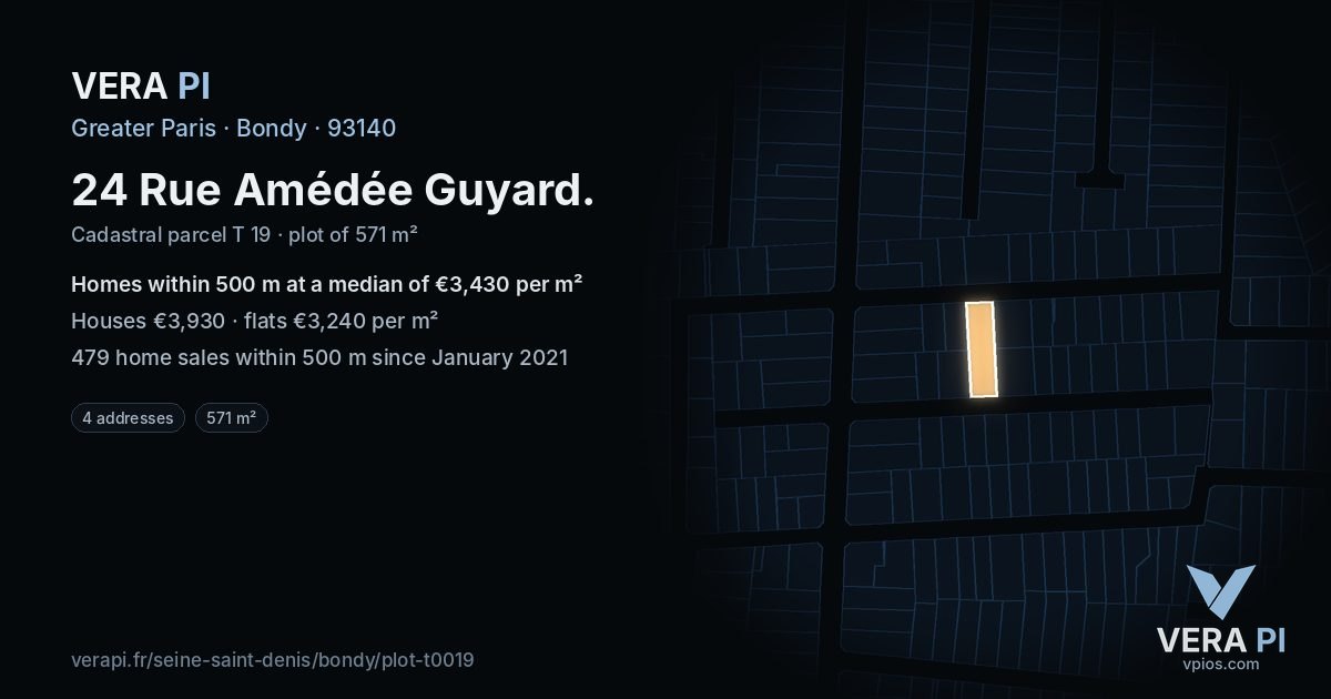 24 Rue Amédée Guyard, Bondy at night – the plot lit, the parcels around coloured by the prices near them