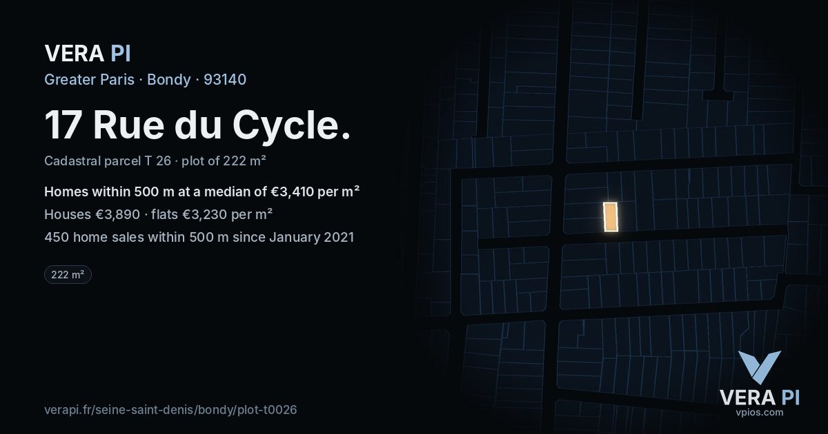 17 Rue du Cycle, Bondy at night – the plot lit, the parcels around coloured by the prices near them