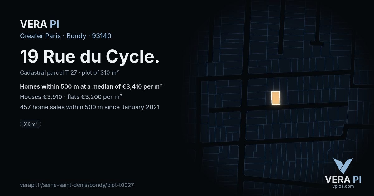 19 Rue du Cycle, Bondy at night – the plot lit, the parcels around coloured by the prices near them